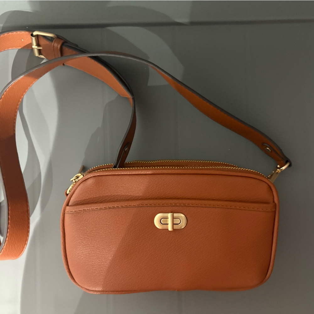 Brown Faux Leather Crossbody Bag with Gold Accents